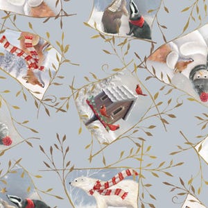 May include: A repeating pattern featuring winter animals like foxes, polar bears, and badgers, each wearing red and white scarves. The design includes a birdhouse and cardinals, all set against a light blue background with gold-colored leaf accents.