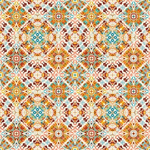 May include: A repeating pattern featuring a symmetrical design with floral and geometric elements. The color palette includes shades of orange, teal, yellow, and cream, creating a vibrant and intricate visual texture. The pattern is suitable for various applications.