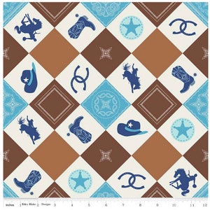 COWBOY - Main Check in Brown / Blue - Adorable Cotton Quilt Fabric - C5630-BROWN - Samantha Walker for Riley Blake Designs Fabrics (W4325)