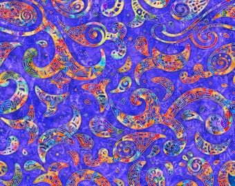 BRILLIANCE - Paisley Swirl in Purple - Orange Blue Cotton Quilt Fabric - Dan Morris - Quilting Treasures QT Fabrics  28324-V (W8398)