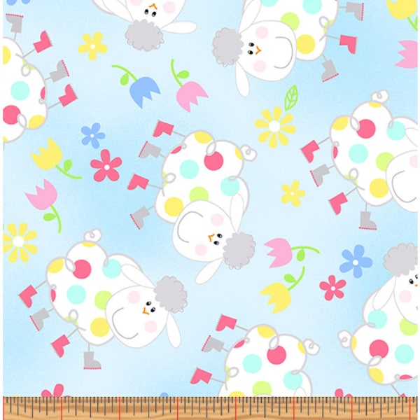 HIPPITY HOPPITY - Springy Sheep in Sky Blue - Cute Easter Cotton Quilt Fabric - Kanvas Studios at Benartex Fabrics - 9760-05 (W8687)