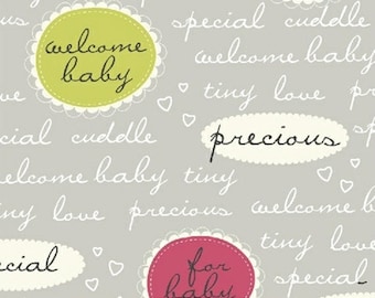 PRECIOUS - Words in Grey - Pink Green Baby Nursery Cotton Quilt Fabric - by Another Point of View for Windham Fabrics - 36349-2 (W2636)