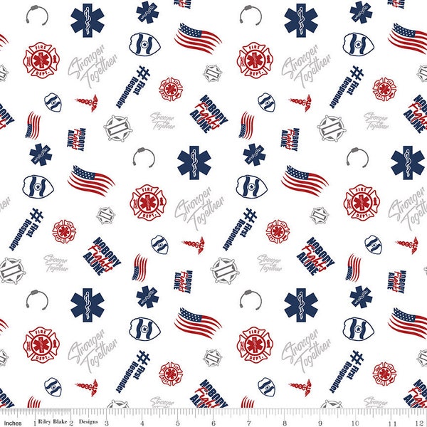 NOBODY FIGHTS ALONE - First Responder in White - Red Blue Hero Cotton Quilt Fabric - Riley Blake Designs Fabrics C10421-White (W6959)