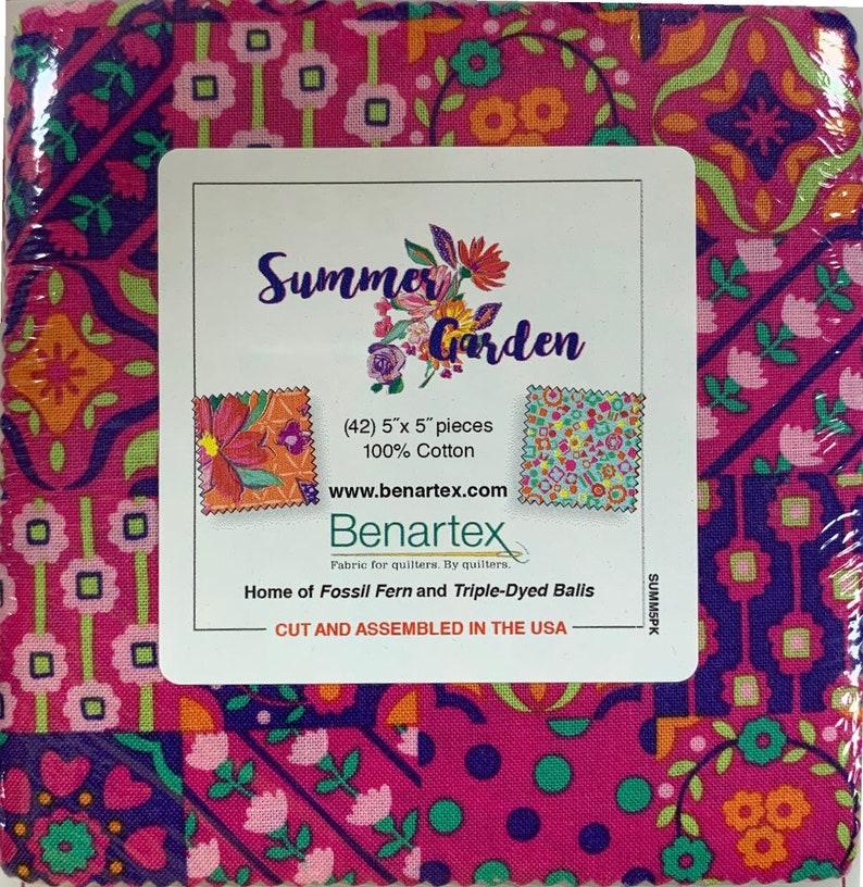 SUMMER GARDEN Charm Pack - (42) 5" X 5" Squares - Bright Floral Precut Charms Cotton Quilt Fabric - by Benartex Fabrics - SUMM5PK - (W4667) image 1