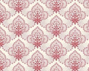 May include: A seamless pattern featuring a repeating design of red hearts with white flowers and star-shaped accents on a cream background.