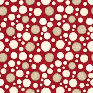 May include: A repeating pattern of white and tan circles on a deep red background. The circles vary in size and texture, creating a visually interesting design. The pattern is suitable for fabric or wallpaper.