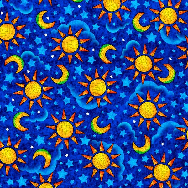 A CHILD'S PRAYER - Suns and Moons in Royal - Blue Yellow Orange Cotton Quilt Fabric Blender - Cindy Sepp for QT Fabrics- 28302-Y (W8242)