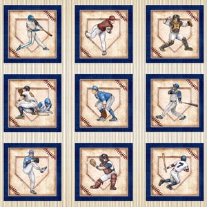 BASES LOADED - Baseball Picture Patch 36" Panel in Beige - Cotton Quilt Fabric - Morris Creative Group for QT Fabrics - 30343-E (W9079)