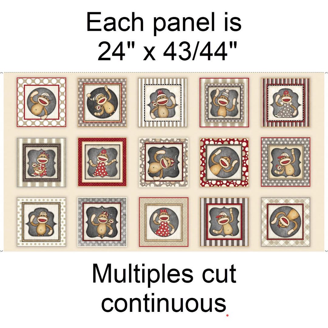MONKEY BIZ - Sock Monkey Picture Panel in Cream - Red Cream Gray Cotton ...