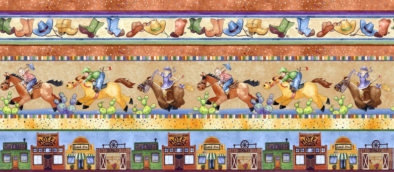 Horsin/' Around Fabric #27133-X Cowboys Cowgirls Border Stripe Quilt Shop Quality