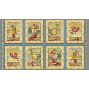 May include: A blue background with six framed images of tropical cocktails. Each image features a different cocktail with a beach scene in the background.