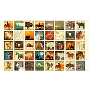 May include: A rectangular wall art piece featuring a collage of square images with a Western theme. Each square depicts a different image of horses, cowboys, hats, and other Western motifs in a rustic style, with a mix of colors.