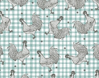 FARM FRESH - Roost in Turquoise - White Gray Roosters Gingham Cotton Quilt Fabric - Jessica Flick for Benartex Fabrics - 10451-80 (W8108)