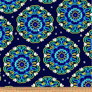 BLUE HORIZON - Medallion in Navy - Blue Green Yellow Geometric Cotton Quilt Fabric - Kanvas Studio for Benartex Fabrics - 9961-55 (W7943)