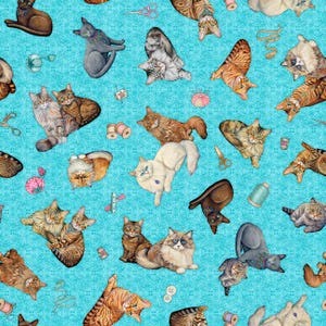 QUILT ROOM KITTIES - Cat Toss in Turquoise - Blue Kitty Cotton Quilt Fabric - Morris Creative Group for Q T Fabrics - 30379-Q (W8949)