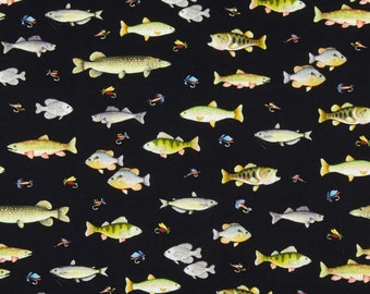 39" Remnant KEEP IT REEL Go Fish in Black - Green Blue Orange Fishing Cotton Quilt Fabric - Andi Metz for Benartex Fabrics - W8498 7929-12