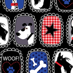 May include: Black fabric with a repeating pattern of white frames containing various dog illustrations. The frames have a scalloped edge. The dogs are in various poses and include a Dalmatian, a Scottish Terrier, a bone, a paw print, a star, and the word "WOOF!"