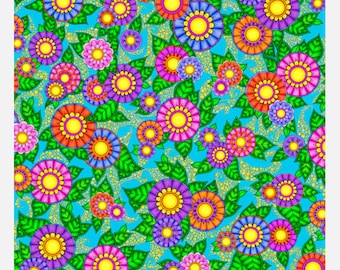 May include: A vibrant blue background with a repeating pattern of colourful flowers and green leaves. The flowers have yellow centres and are surrounded by pink, orange, purple, and blue petals.