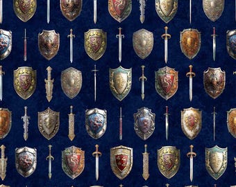 WIZARDS & WARRIORS - Swords and Shields in Navy - Red Blue Gray Cotton Quilt Fabric - Morris Creative Group for QT Fabrics - 30241-N (W9029)