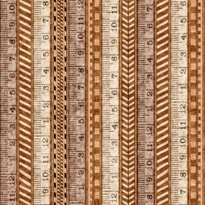 May include: A repeating pattern of vintage-style rulers in shades of brown and cream. The rulers are vertically aligned, with measurements in inches and a variety of designs, including diagonal stripes and chevrons. The overall effect is a textured, aged appearance.
