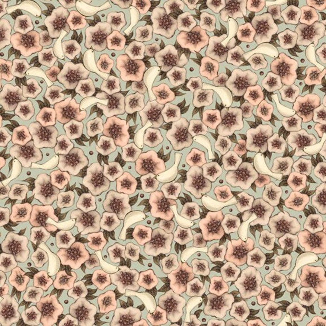 LOST SONG Packed Flowers in Dusty Teal Floral Cotton Quilt Fabric
