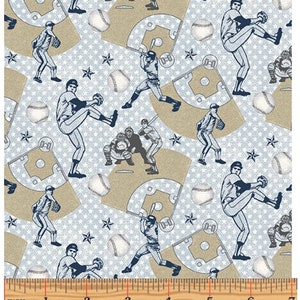 GAME TIME - Extra Innings in Light Blue - Vintage Look Baseball Cotton Quilt Fabric - by Skyline Studio for Benartex Fabrics - 2603-50 W7592