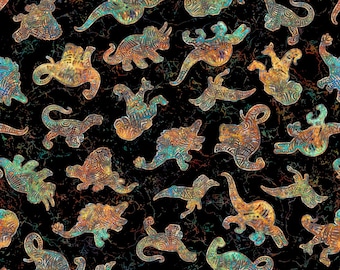 May include: A seamless pattern featuring a variety of colorful dinosaurs on a black background. The dinosaurs are outlined in gold and have a textured, marbled appearance.