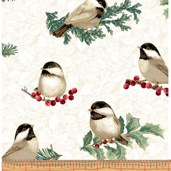 WINTER ELEGANCE - Chickadees in Natural - Cotton Quilt Fabric w Metallic Gold - Jackie Robinson - Benartex Fabrics - 12344M-09 (W7792)