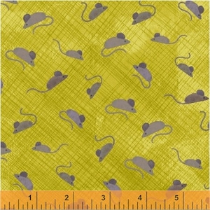 SMARTY CATS - Mice in Chartreuse Green - Cute Mouse Cotton Quilt Fabric - Maria Carluccio for Windham Fabrics - 42839-5 (W3840)
