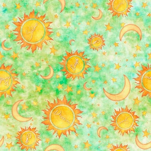 May include: A seamless pattern featuring yellow suns with orange rays and crescent moons on a green watercolor background. The suns have the words "Shine", "Dream", "Laugh", and "Smile" written inside them.