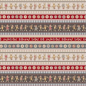 May include: A repeating pattern featuring alternating rows of sock monkeys, red and white circles, and striped borders. The sock monkeys are in various poses, wearing hats and dresses. The color palette includes red, beige, gray, and brown.