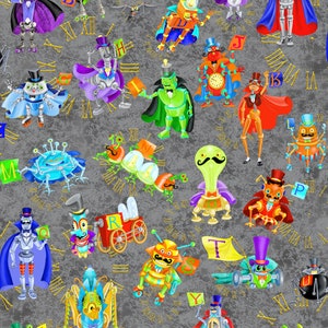 May include: A colorful alphabet pattern featuring robot characters with different personalities and accessories. Each robot holds a letter of the alphabet and is surrounded by clock faces and Roman numerals.