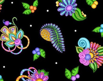 May include: A black background with colourful floral designs. The flowers are in shades of pink, blue, green, yellow, and orange. The flowers are intricate and detailed, with swirls and dots.