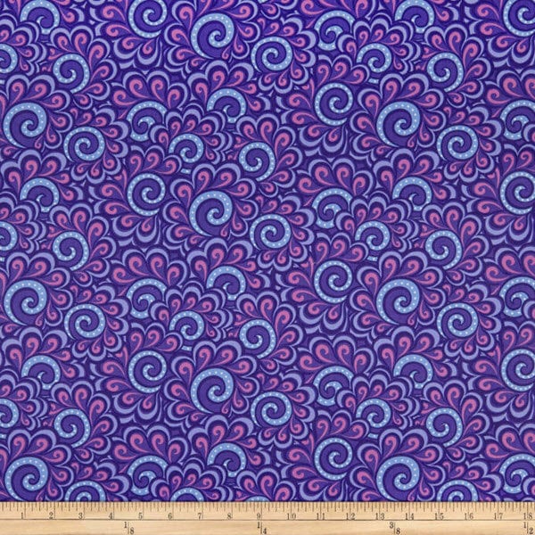 FREE MOTION FANTASY - Swirl Feather in Purple - Pink Blue Swirls Cotton Quilt Fabric - Amanda Murphy for Benartex Fabrics - 5446-60 (W6057)