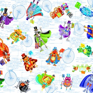May include: A white background with a blue blueprint pattern.  There are many colorful robots with different designs and accessories.  The robots are wearing top hats and capes.  Some robots are riding bicycles.  The robots are holding letters of the alphabet.