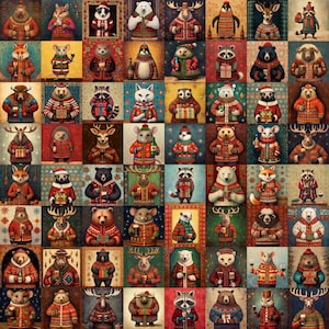 May include: A grid of illustrated animals, each in a festive sweater, holding gifts or drinks. The animals include bears, foxes, deer, and raccoons, set against a colorful background. The artwork has a vintage, holiday theme.