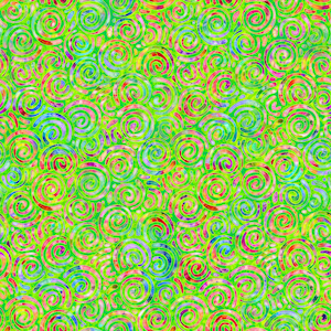 May include: A seamless pattern of colorful swirls on a bright green background. The swirls are in shades of pink, blue, green, and yellow.