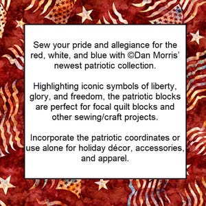 Op de afbeelding: Een afbeelding met een patriottisch thema met een rood, wit en blauw kleurenschema. De afbeelding bevat tekst die een nieuwe patriottische collectie promoot, met symbolen van vrijheid. Het suggereert gebruik voor quiltblokken, naaiprojecten, vakantiedecoratie, accessoires en kleding.
