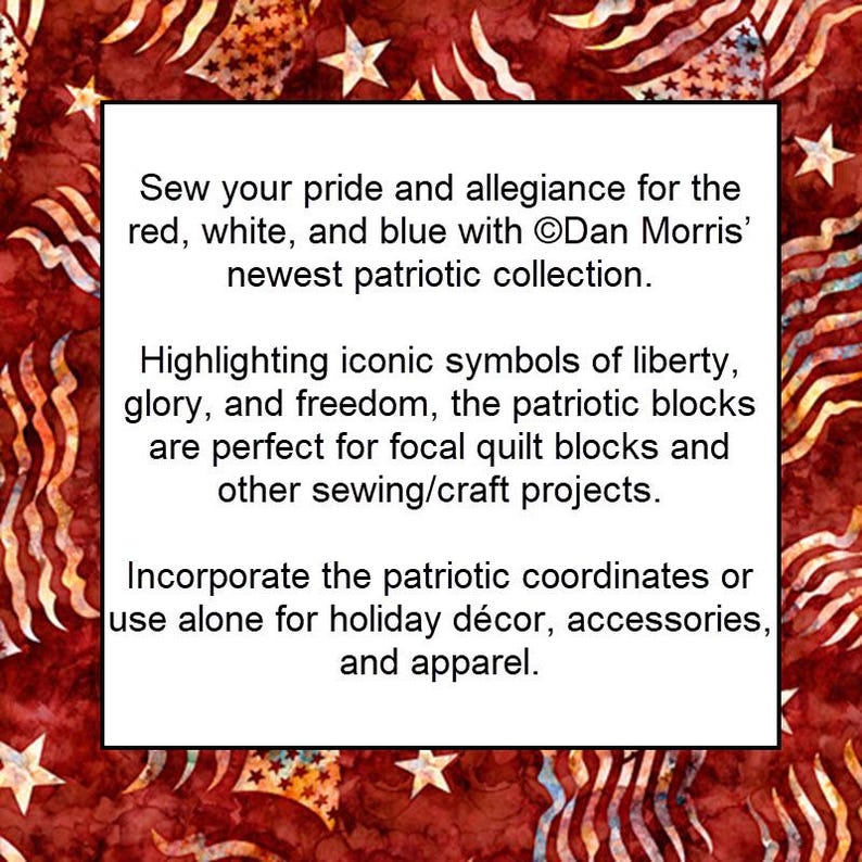 Op de afbeelding: Een afbeelding met een patriottisch thema met een rood, wit en blauw kleurenschema. De afbeelding bevat tekst die een nieuwe patriottische collectie promoot, met symbolen van vrijheid. Het suggereert gebruik voor quiltblokken, naaiprojecten, vakantiedecoratie, accessoires en kleding.