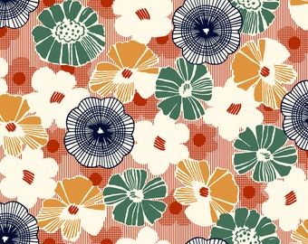 GRETTA - 1930's Floral in Terracotta - Blue Green Orange Red Flowers Cotton Quilt Fabric - Quilting Treasures Fabrics - 26738-T (W5894)