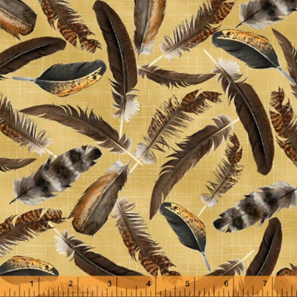 FARM FRESH - Feather in Gold - Feathers Bird Birds Cotton Quilt Fabric - by Whistler Studios for Windham Fabrics - 39765-4 (W3565)