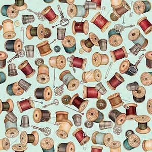 SEAMLESS - Spools in Pale Teal - Blue Green Sewing Cotton Quilt Fabric - by Dan Morris for Quilting Treasures Fabrics - 26583-Q (W5639)