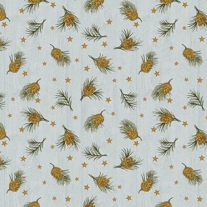 May include: A seamless pattern featuring pine cones and gold stars on a light blue background.