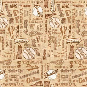 BASES LOADED - Baseball Text in Tan - Brown Cream Cotton Quilt Fabric Blender - Morris Creative Group for QT Fabrics - 30348-A (W9066)