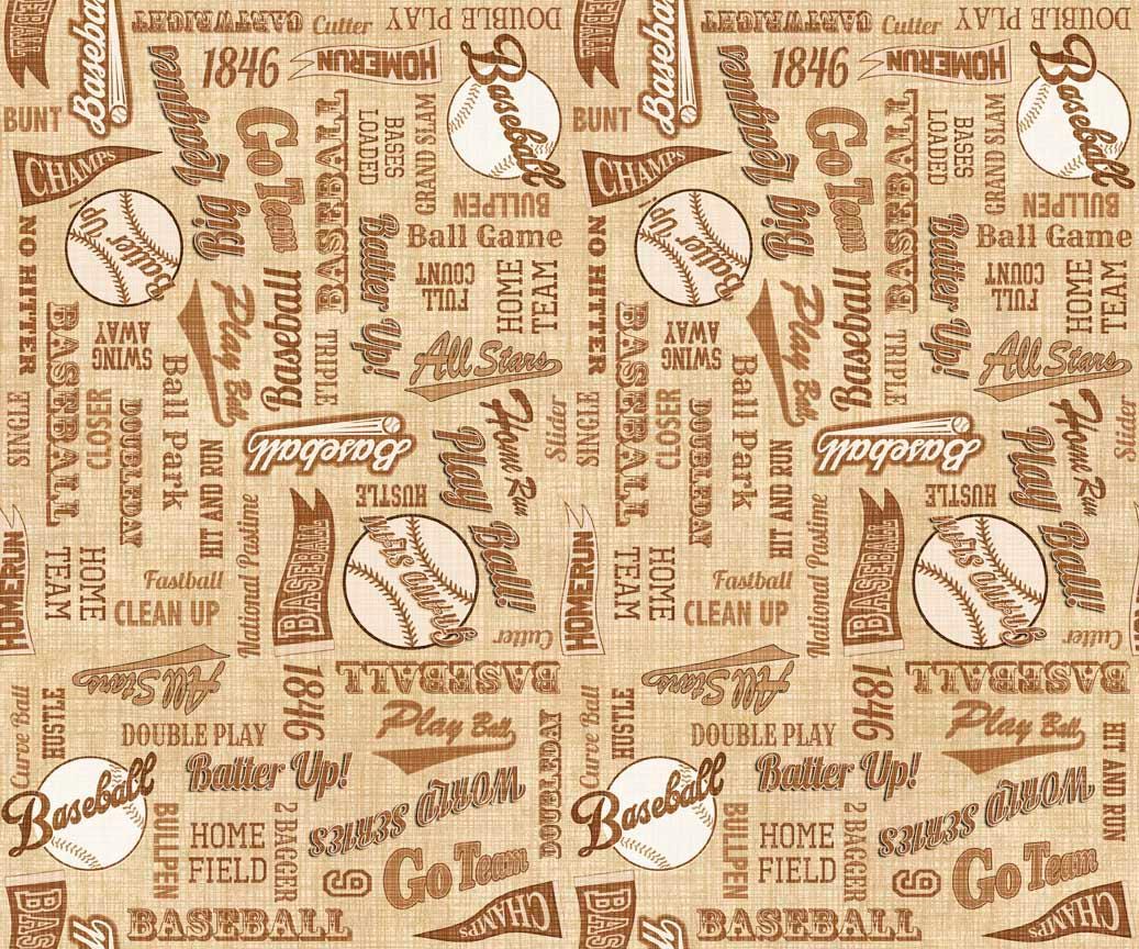 BASES LOADED - Baseball Text in Tan - Brown Cream Cotton Quilt Fabric Blender - Morris Creative Group for QT Fabrics - 30348-A (W9066)