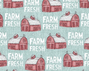 106" Remnant FARM FRESH - Farm Barns in Turquoise - Blue Gray Grey Red Barn Cotton Quilt Fabric - Benartex Fabrics - 10454-80 (W8112)