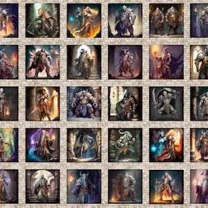 May include: A grid of fantasy art prints featuring various characters in armor and fantasy settings. Each print is framed by a stone wall design. The characters include warriors, wizards, and mythical creatures, rendered in vibrant colors.