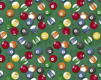 MAN CAVE - Billiard Balls in Multi - Green Pool Ball Cotton Quilt Fabric - Rosemarie Lavin - Windham Fabrics - 52412-3 (W7478)