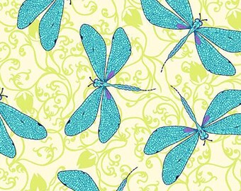 HAYDEN - Dragonflies in Cream - Blue Green Dragonfly Cotton Quilt Fabric - by Junebee for Quilting Treasures Fabrics - 26304-E (W5362)