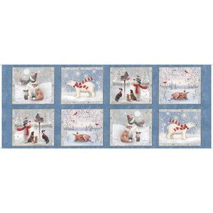 May include: A fabric panel featuring eight winter-themed squares. Each square depicts a snowy scene with a snowman, polar bear, fox, rabbit, and birdhouse. The animals wear scarves. The background is a light blue with a snowy landscape.